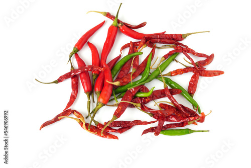 Red Green chili pepper and Dried pepper isolated on white background.