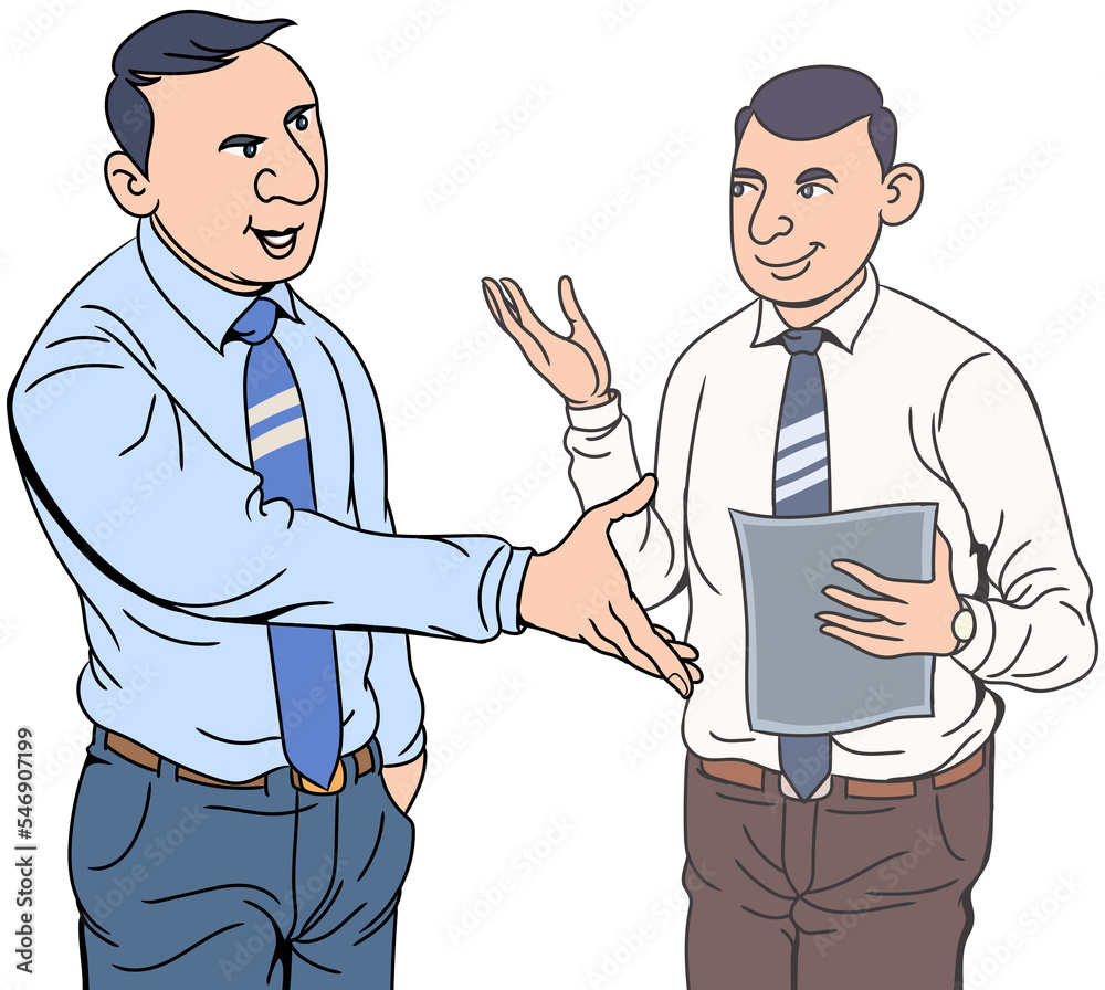 Two business men discussing and assign new tasks to do. Hand drawn design illustration transparent background Two business men discussing and assign new tasks to do. Hand drawn design illustration transparent background