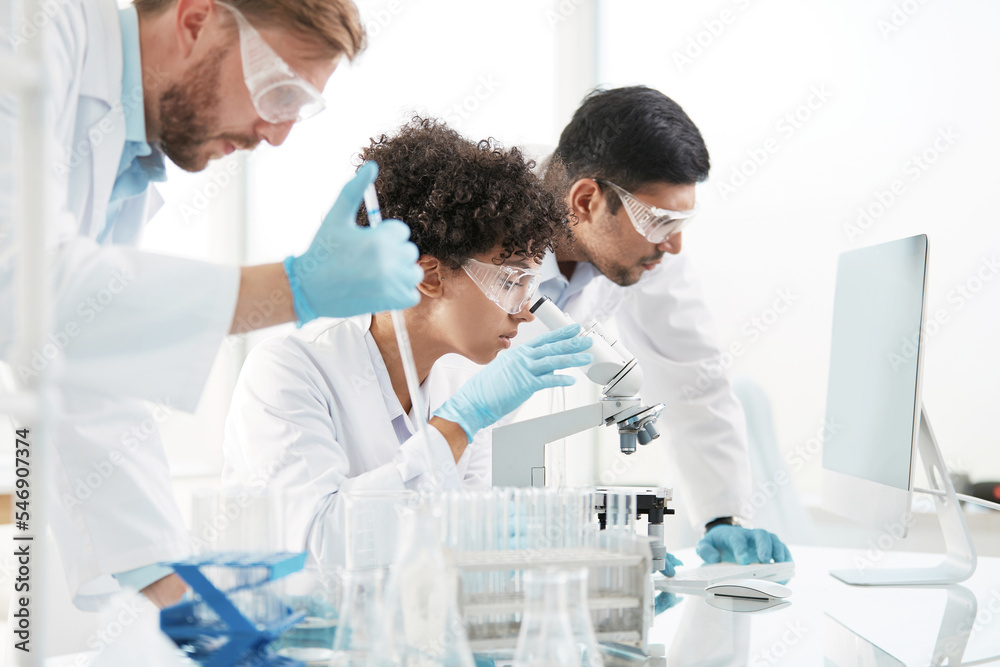 scientists are conducting research in a medical laboratory .