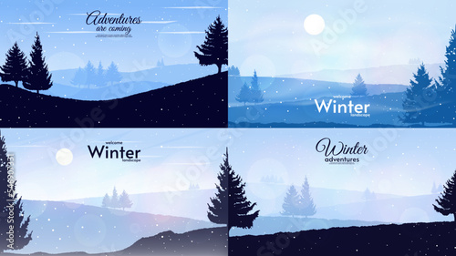 Winter season landscape. Vector illustration. Field with natural tree. Set of illustrations. Vector background. Flat style illustration. 
