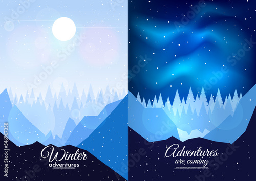 Set of vector illustration. Winter day with sun on blue background. Hills and forest. Night with beautiful aurora. Design for poster, book, banner, postcard, greeting card.