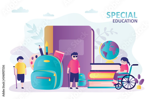 Smart kids with different disabilities study at school. Inclusive system of education. Equality, human rights. Open schoolbag with stationery and supplies. Huge textbook and backpack.