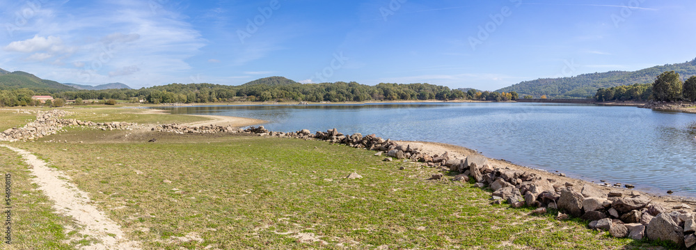 low water level in Morales reservoir, due to climate change, in Rozas de Puerto Real. Madrid. Spain