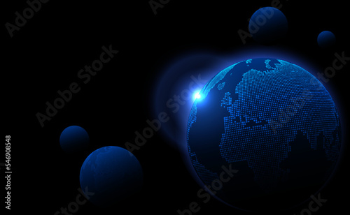 Digital technology worldwide global network internet connection blue background, Abstract cyber tech futuristic planet map world, Ai big data, Innovation 5g wireless wifi future, illustration vector