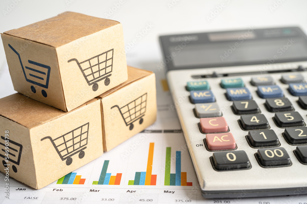 Shopping cart logo on box with magnifying glass on graph background. Banking Account, Investment Analytic research data economy, trading, Business import export transportation online company concept. Shopping cart logo on box with magnifying glass on graph background. Banking Account, Investment Analytic research data economy, trading, Business import export transportation online company concept.