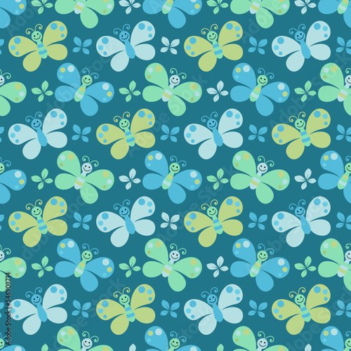 Seamless funny pattern with cartoon smile butterfly