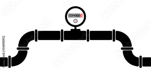 Water, oil or gas pipeline with fittings and valves. Pipeline and black tap, open, close. Globe valve icon or pictogram. Vector pipe fitting symbol. Wastewater or Waste water logo. Distribution. 