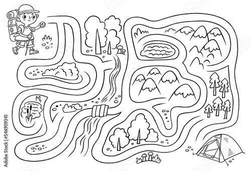Coloring labyrinth character hiker child boy with compass and backpack looking for the way to the tourist tent