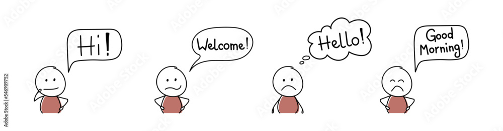 Sad stickman with speech bubble - welcome, hello, hi, good morning. Vector Sad stickman with speech bubble - welcome, hello, hi, good morning. Vector