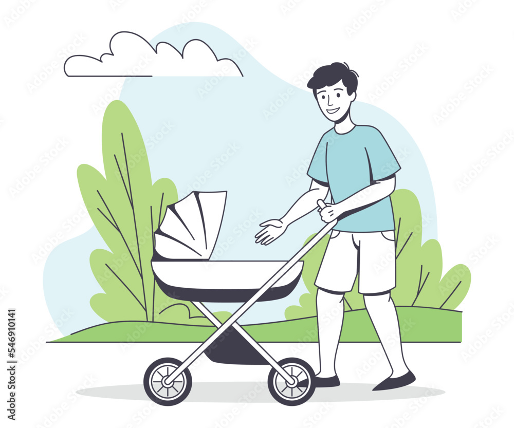 Man Character Walking with Baby Carriage in the Park Outline Vector Illustration