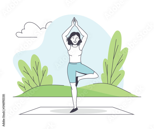 Woman Character in the Park Doing Yoga Standing in Asana Outline Vector Illustration