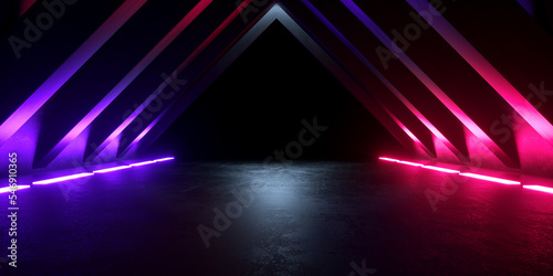 Modern Cyber Electric Triangle Tunnel Hallway Neon Light Luminous  Abstract Backgrounds Illustration 3d Rendering
