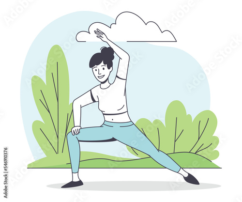 Woman Character in the Park Doing Yoga Standing in Asana Outline Vector Illustration