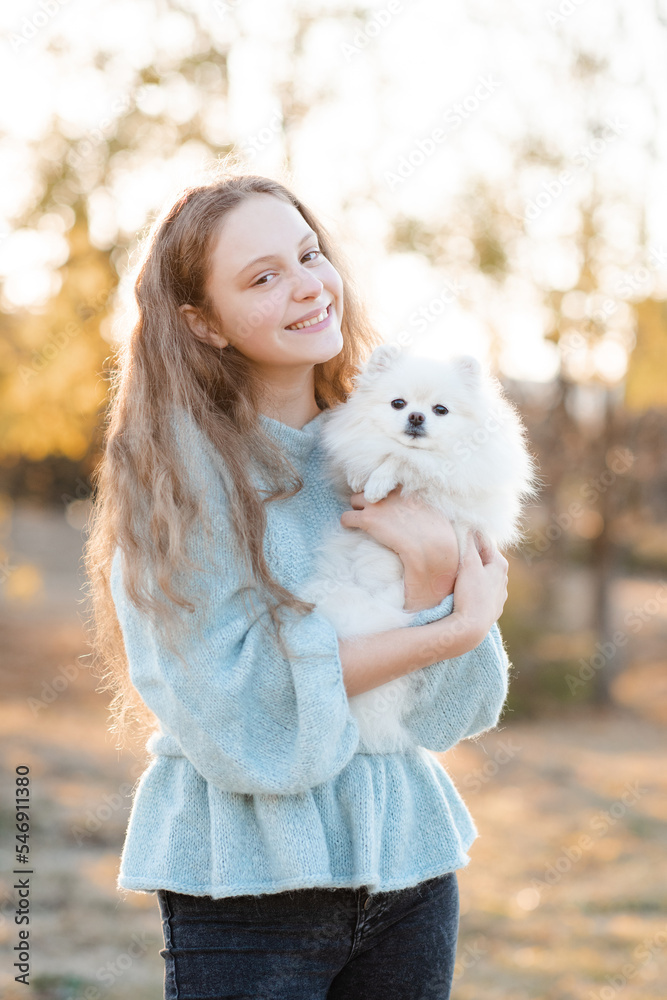 Cute smiling teenage girl 15-16 year old holding white fluffy spitz puppy dog together over autumn yellow nature background in park. Friendship. Cute smiling teenage girl 15-16 year old holding white fluffy spitz puppy dog together over autumn yellow nature background in park. Friendship.