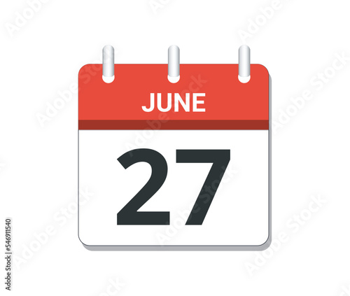 June 27th calendar icon vector. 