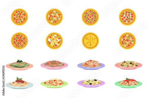 Hot Tasty Pizza and Cooked Pasta Italian Cuisine Dish Served on Plates Big Vector Set