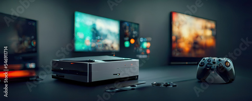 Futuristic game concept of home multiplayer video game and wireless controller on blurred background. Selective focus.