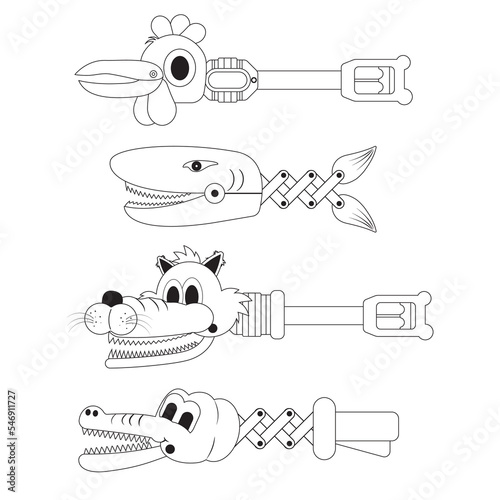 outline Animal Claw Toys for Kids set Chicken, shark, fox , crocodile on green background. Plastic robot hand toy, robotic claw arm toy, 