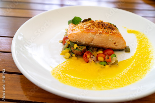 Salmon stake with lemon vegetable and sauce