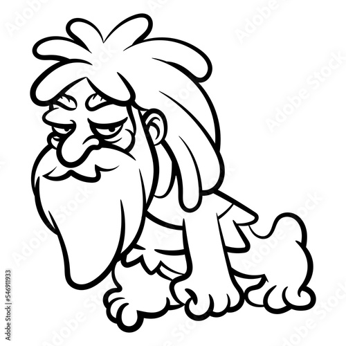 Cartoon illustration of caveman walking and searching a something. Best for Outline, logo, and coloring book with stone age themes