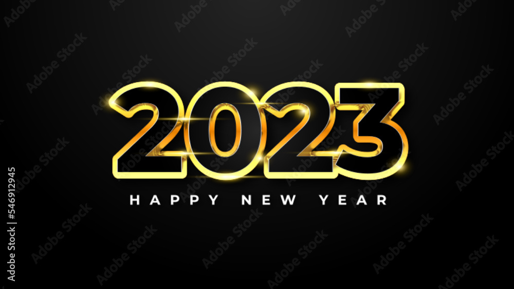 Happy new year 2023 with gold number on dark background