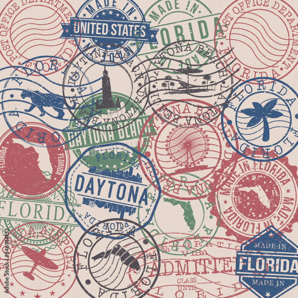 Daytona Beach, FL, USA Set of Stamps. Travel Stamp. Made In Product. Design Seals Old Style Insignia.