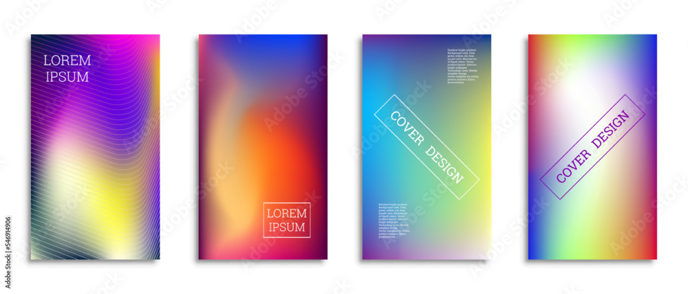 Bright gradient background for the cover. Set of 4 covers. Creative modern vector illustration. Holographic spectrum.