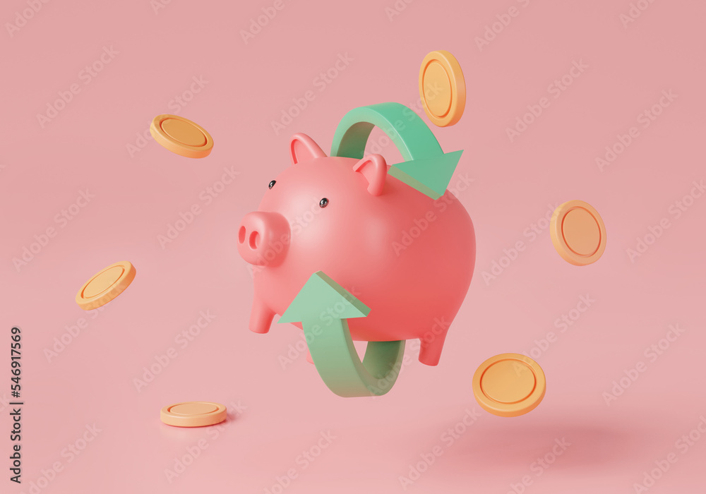 Piggy bank with coins money floating on pink background. Cashback, Banking investment, transaction, growth money, Money saving, Business finance, payment transfer. 3d rendering illustration