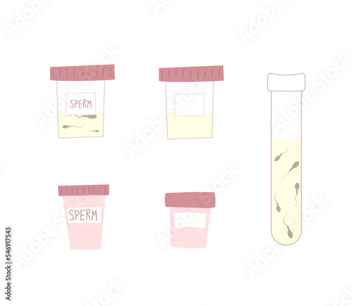 Set of medical jars and tubes with semen probe for fertility and genetic analysis of men before applying for sperm donation or pregnancy photo