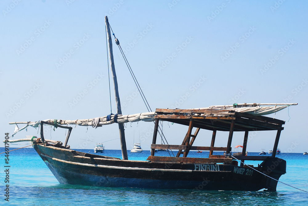 Fisherman Boat  Nungwi Village. Zanzibar Island, Tanzania. Nungwi is traditionally the centre of Zanzibar's dhow-building industry