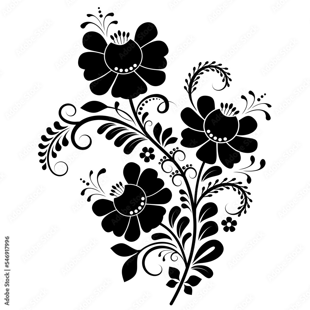 Black and white floral pattern, floral design element, decorative composition of flowers, leaves and swirls.