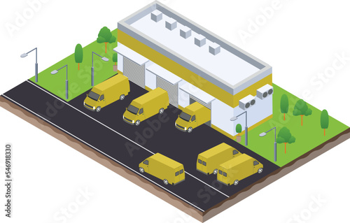 isometric scene of van at warehouse logistic hall unloading process in Company business