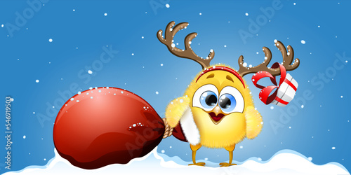 Cartoon Christmas funny little Chick deer with horns headband, gift box and holding big Santa bag under snowfall