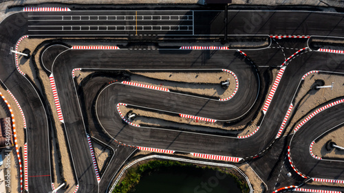 Aerial top view race kart track, Track for auto racing top view, Car race asphalt and curve grand prix street circuit, Aerial view asphalt race track. © Darunrat