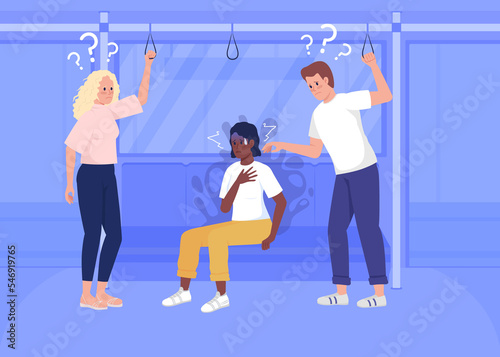 Panic episode on public transport flat color raster illustration. Woman experiences stress. Mental health. Reassuring strangers 2D simple cartoon characters with transport on background