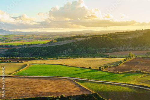 Aerial view of the fields of Andalucia at sunset over the countryside, Cadiz.