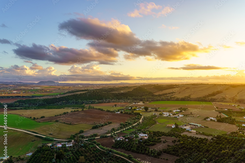 Aerial view of the fields of Andalucia at sunset over the countryside, Cadiz.