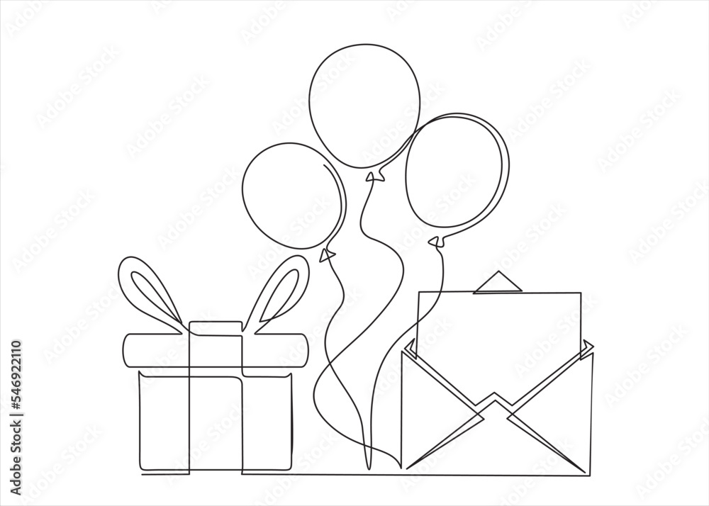 Envelope with balloons and gift. Concept of birthday, valentine's day. Continuous one line drawing. Envelope with balloons and gift. Concept of birthday, valentine's day. Continuous one line drawing.