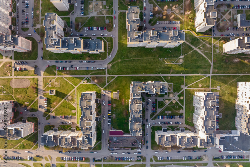 panoramic aerial view of a huge residential complex with high-rise buildings