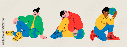 Set of people with planet Earth. Cute cartoon characters. Small globe. Hand drawn Vector illustration. World Earth day, energy saving, zero waste, save planet, ecology concept. Isolated persons