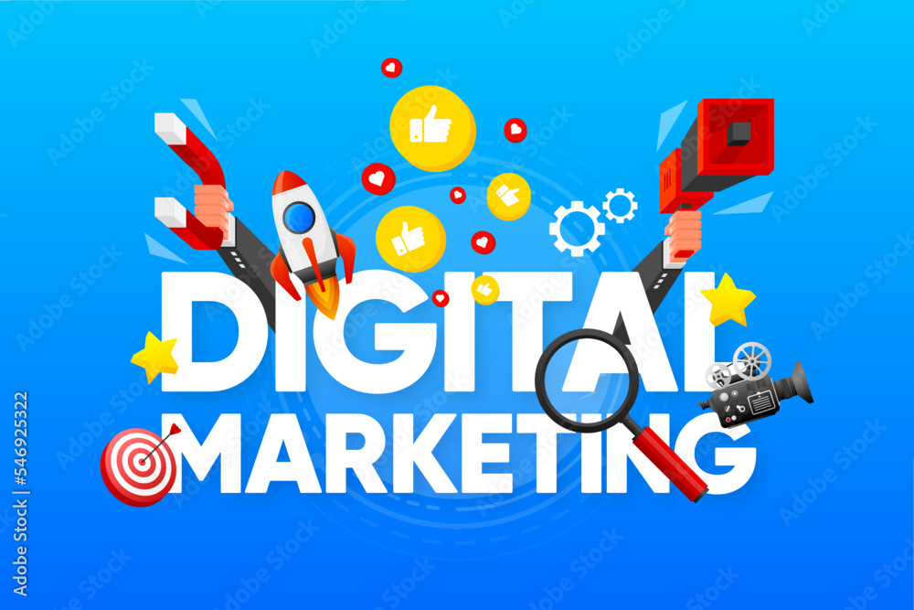 Fototapeta premium Digital Marketing. Chart with keywords and objects from sfere marketing. Vector illustration.