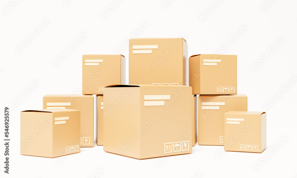 3D cardboard box isolated on white background used decorating banner and cover website. Shipping box with fragile care label. delivery package, Cute cartoon style, paper, copy space. 3D rendering.