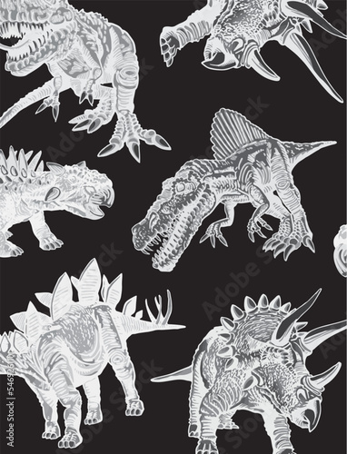 Vector black and white vertical pattern with dinosaurs  stylish cover for fabric  postcards  wallpapers graphical vector illustration. Animals background design 