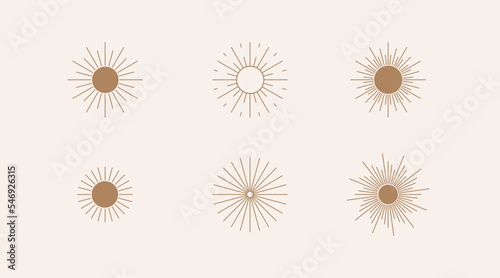 Hand-drawn vector illustration set of boho sun symbols. One line minimalist logo design templates. Bohemian elements for any design purposes