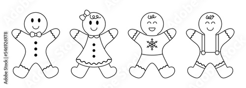 Collection of outline gingerbread man and woman biscuit. Christmas line cookie on white background. Vector illustration.