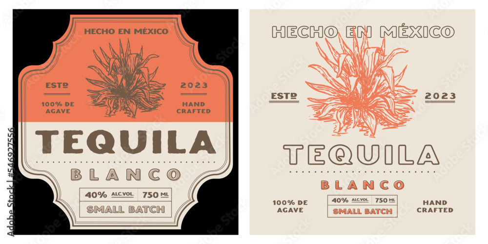 Tequila alcohol blanco bottle label retro rustic