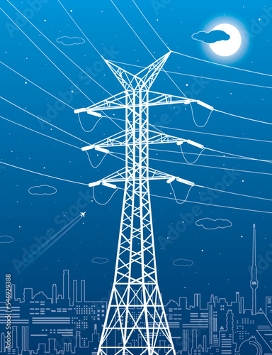 High voltage transmission systems. Electric pole. Power lines. A network of interconnected electrical. White otlines on blue background. Vector design illustration