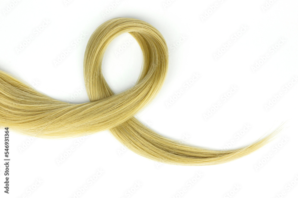 Strand of blond hair on white. Curls of hair. Piece of blonde hair on white background. Strand of blond hair on white. Curls of hair. Piece of blonde hair on white background.