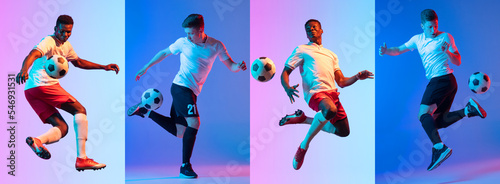 Dribbling the ball. Collage with dynamic portraits of professional male soccer players in motion over colorful background in neon light. Sport, championship, © master1305
