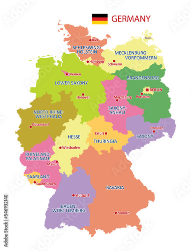 Vector Map of Germany with detailed Administrative divisions and borders, City and Region Names and international bordering countries in bright colors palette